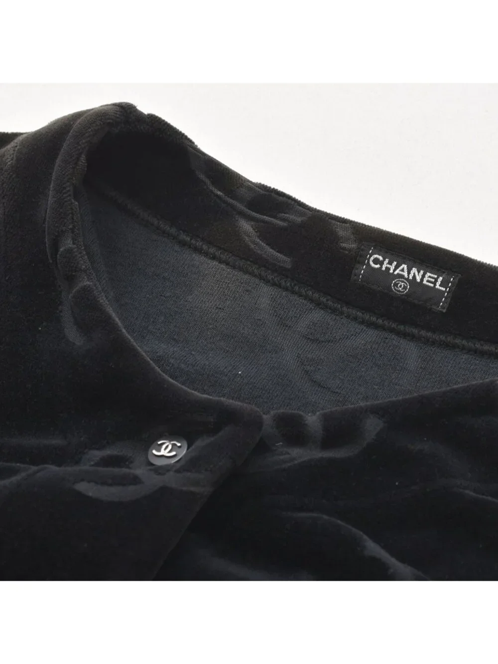 Chanel Jacket Cardigan Vintage CC Logo Coco Buttons Velour Black Silver 40
